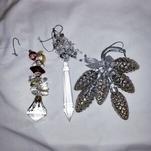 Elegant Christmas Ornaments- Set  Of 3- Clear & Silver With Accent Of Red